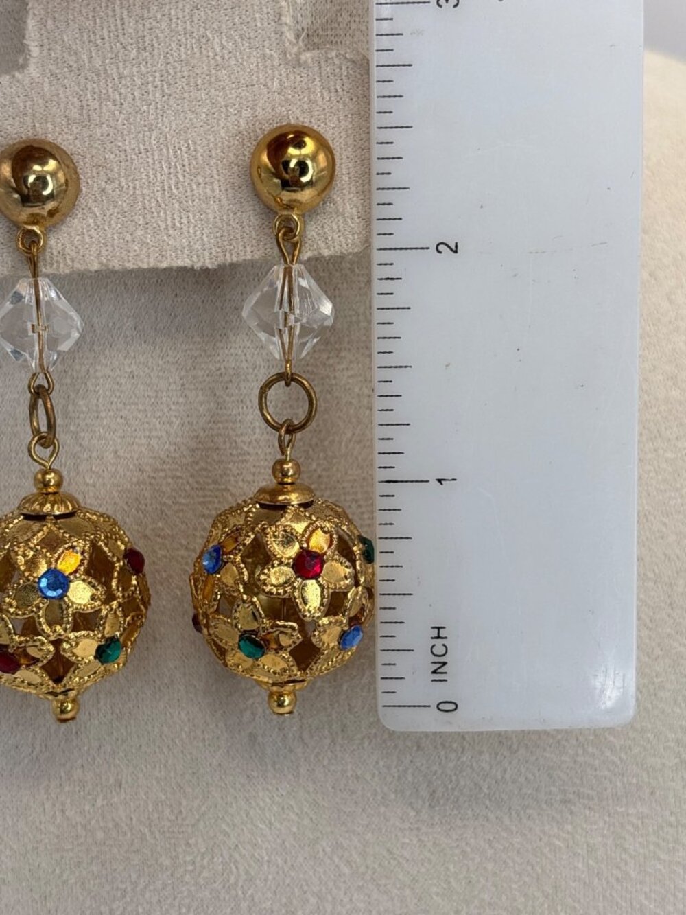 Vintage Gold Tone Dangle Filigree Ball Color Crystals Renaissance Style Earrings - Picture 4 of 4
